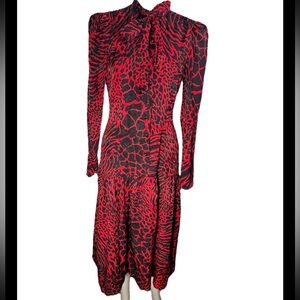 Vintage Lillie Rubin Dress Sz 6 Red Animal Print Silk Long Sleeve Tie Neck